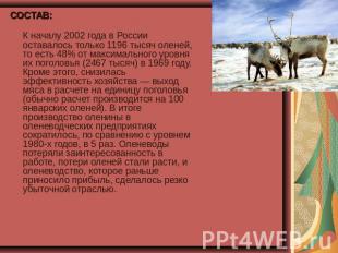 СОСТАВ:К началу 2002 года в России оставалось только 1196 тысяч оленей, то есть