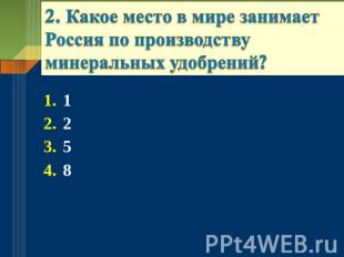 2. Какое место в мире занимает Россия по производству минеральных удобрений? 125