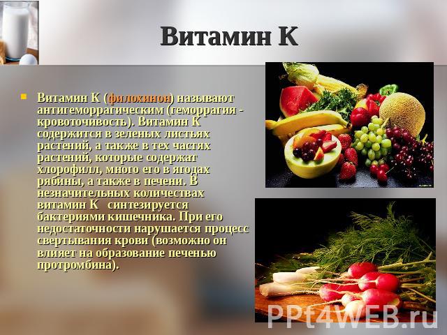 Витамин К Витамин К (филохинон) называют антигеморрагическим (геморрагия - кровоточивость). Витамин К содержится в зеленых листьях растений, а также в тех частях растений, которые содержат хлорофилл, много его в ягодах рябины, а также в печени. В не…