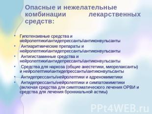 Опасные и нежелательные  комбинации лекарственных  средств:  Гипотензивные средс