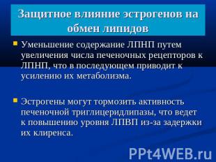 Защитное влияние эстрогенов на обмен липидов Уменьшение содержание ЛПНП путем ув