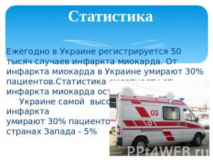 Статистика Ежегодно в Украине регистрируется 50 тысяч случаев инфаркта миокарда.