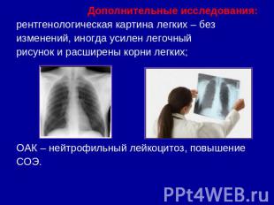 Дополнительные исследования:рентгенологическая картина легких – безизменений, ин