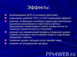 Эффекты: ингибирование ДПП-4 (основное действие);повышение уровней ГПП-1 и ГИП (