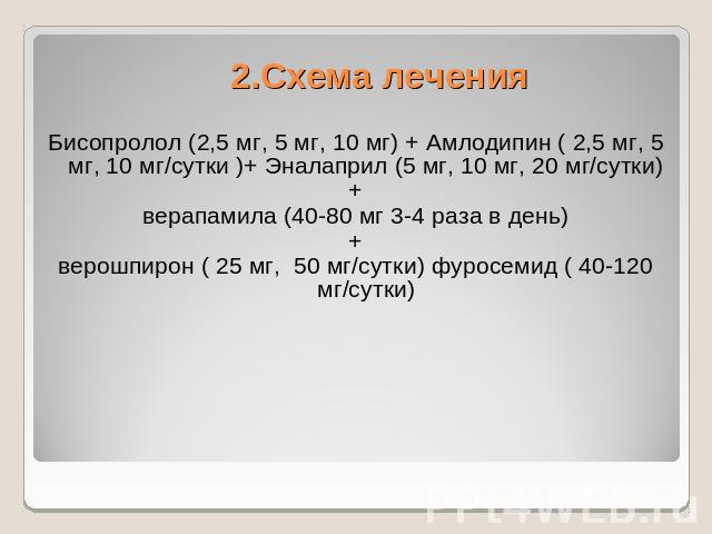 2.Схема лечения Бисопролол (2,5 мг, 5 мг, 10 мг) + Амлодипин ( 2,5 мг, 5 мг, 10 мг/сутки )+ Эналаприл (5 мг, 10 мг, 20 мг/сутки)+верапамила (40-80 мг 3-4 раза в день)+верошпирон ( 25 мг, 50 мг/сутки) фуросемид ( 40-120 мг/сутки)   