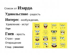 Список от Изарда: Удовольствие - радость Интерес - возбуждение, Удивление - испу