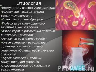 Этиология Возбудитель-вирион Vibrio cholerae,Имеет вид –мелких ,слегка изогнутых