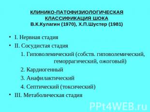 КЛИНИКО-ПАТОФИЗИОЛОГИЧЕСКАЯКЛАССИФИКАЦИЯ ШОКАВ.К.Кулагин (1970), Х.П.Шустер (198