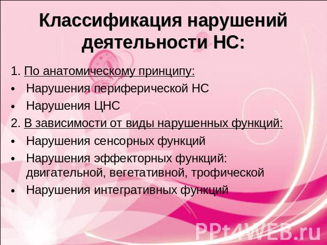 Классификация нарушений деятельности НС: 1. По анатомическому принципу:Нарушения периферической НСНарушения ЦНС2. В зависимости от виды нарушенных функций:Нарушения сенсорных функцийНарушения эффекторных функций: двигательной, вегетативной, трофичес…