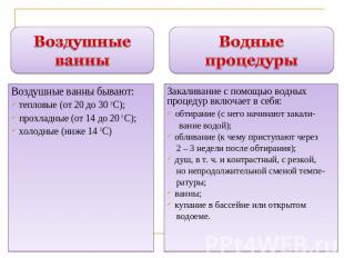 Воздушные ванны Воздушные ванны бывают: тепловые (от 20 до 30 0 С); прохладные (