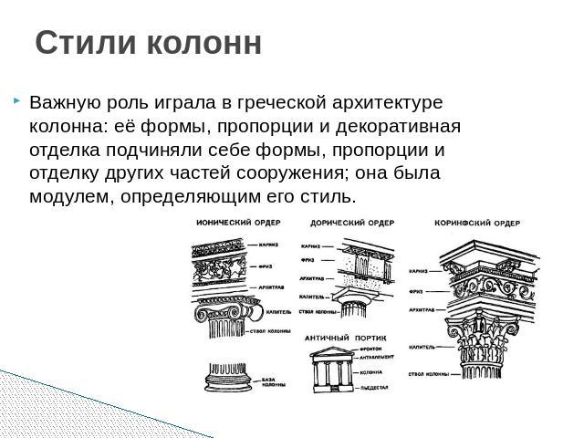 Стили колонн Важную роль играла в греческой архитектуре колонна: её формы, пропорции и декоративная отделка подчиняли себе формы, пропорции и отделку других частей сооружения; она была модулем, определяющим его стиль.