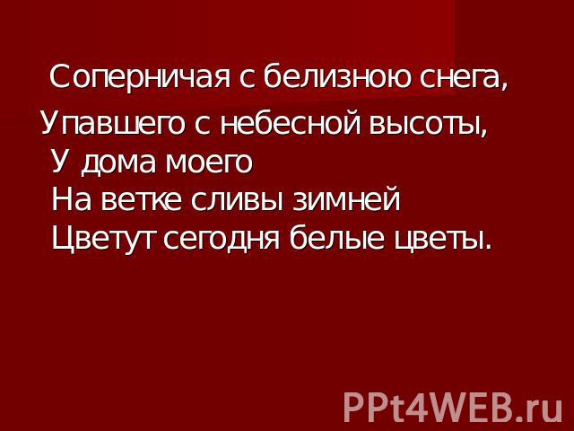 Соперничая с белизною снега, Упавшего с небесной высоты, У дома моего На ветке сливы зимней Цветут сегодня белые цветы.