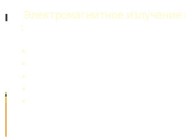 Электромагнитное излучение подразделяется на: радиоволны инфракрасное излучениевидимый светультрафиолетовое излучениерентгеновское излучение и жесткое (гамма-излучение)