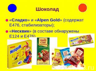 Шоколад «Сладко» и «Alpen Gold» (содержат Е476, стабилизаторы);«Несквик» (в сост