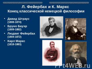 Л. Фейербах и К. Маркс Конец классической немецкой философии Давид Штраус(1808-1