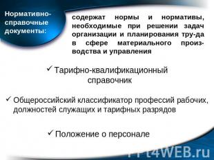 Нормативно-справочные документы:  содержат нормы и нормативы, необходимые при ре