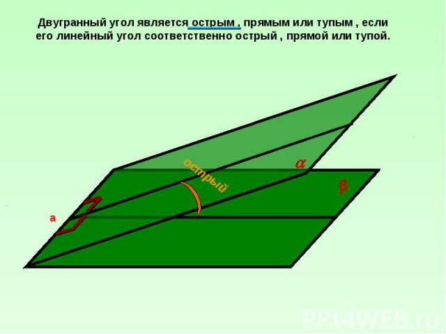 Двугранный угол является острым , прямым или тупым , если его линейный угол соответственно острый , прямой или тупой.