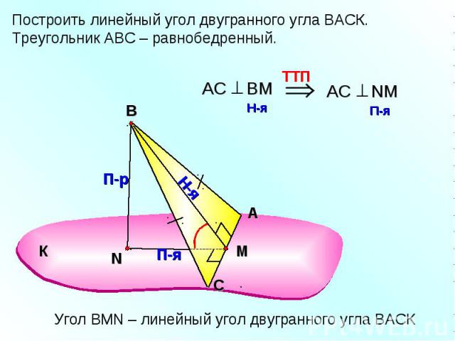 Построить линейный угол двугранного угла ВАСК.Треугольник АВС – равнобедренный.Угол ВMN – линейный угол двугранного угла ВАСК