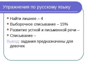 Упражнения по русскому языку Найти лишнее – 4Выборочное списывание – 15%Развитие