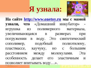 Я узнала: На сайте http://www.onetoy.ru мы с мамой узнали, что «Домашний инкубат
