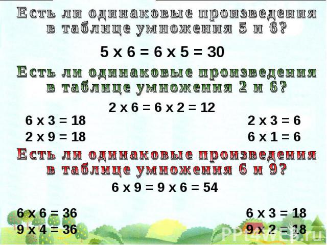 Есть ли одинаковые произведения в таблице умножения 5 и 6?Есть ли одинаковые произведения в таблице умножения 2 и 6?Есть ли одинаковые произведения в таблице умножения 6 и 9?