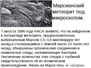 Марсианский метеорит под микроскопом. 7 августа 1996 года НАСА заявило, что на н