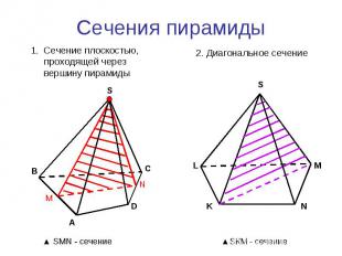 Сечения пирамиды Сечение плоскостью, проходящей через вершину пирамиды2. Диагона
