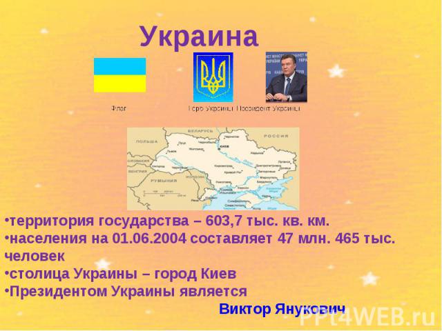 Украина территория государства – 603,7 тыс. кв. км. населения на 01.06.2004 составляет 47 млн. 465 тыс. человек столица Украины – город КиевПрезидентом Украины является Виктор Янукович