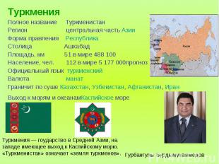ТуркменияПолное название ТуркменистанРегион центральная часть АзииФорма правлени