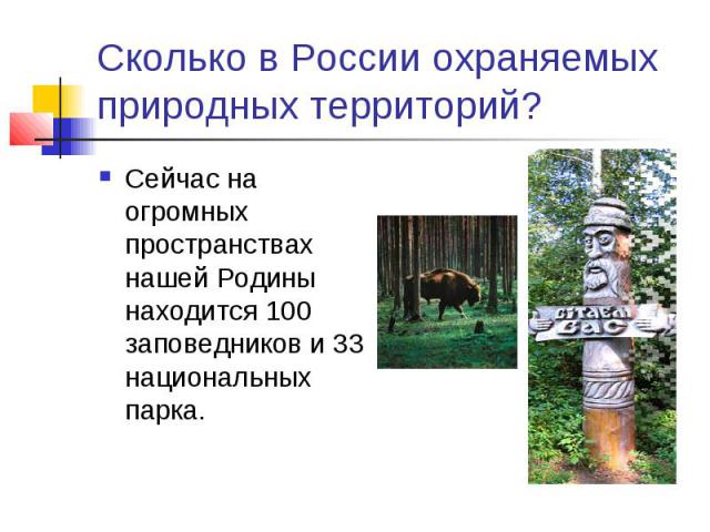 Сколько в России охраняемых природных территорий? Сейчас на огромных пространствах нашей Родины находится 100 заповедников и 33 национальных парка.