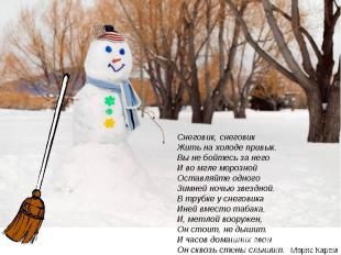 Снеговик, снеговикЖить на холоде привык.Вы не бойтесь за негоИ во мгле морознойО