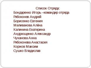 Список Отряда:Бондаренко Игорь –командир отрядаРябоконев АндрейБорисенко Евгения