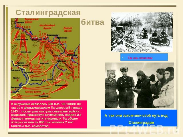 Сталинградская битва В окружении оказалось 330 тыс. человек во гла ве с фельдмаршалом Па улюсом.В январе 1943 г. после ультиматума советские войска разрезали вражескую группировку надвое и 2 февраля немцы капитулировали. Их общие потери составили 80…