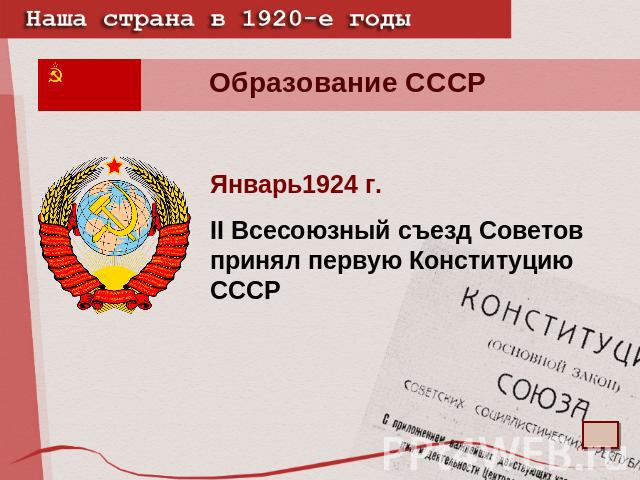 Образование СССР Январь1924 г.II Всесоюзный съезд Советов принял первую Конституцию СССР