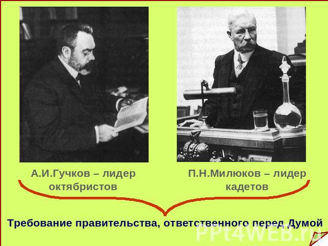 А.И.Гучков – лидероктябристовП.Н.Милюков – лидеркадетовТребование правительства, ответственного перед Думой