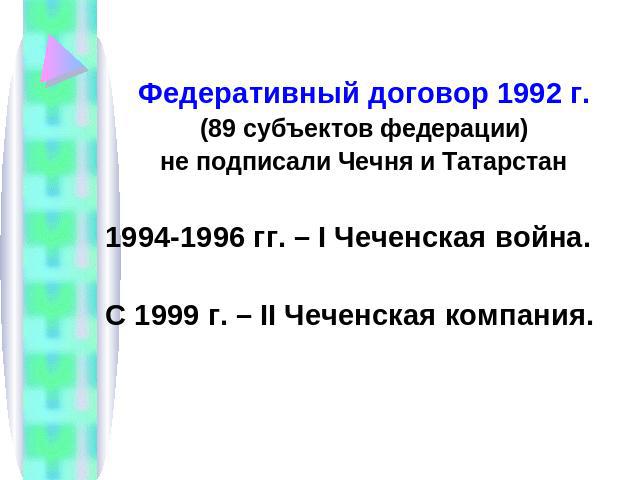 Федеративный договор 1992 г.(89 субъектов федерации)не подписали Чечня и Татарстан1994-1996 гг. – I Чеченская война.С 1999 г. – II Чеченская компания.