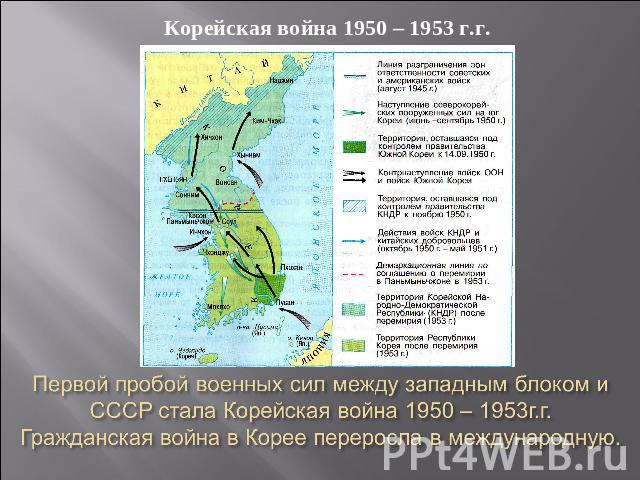 Корейская война 1950 – 1953 г.г. Первой пробой военных сил между западным блоком и СССР стала Корейская война 1950 – 1953г.г. Гражданская война в Корее переросла в международную.