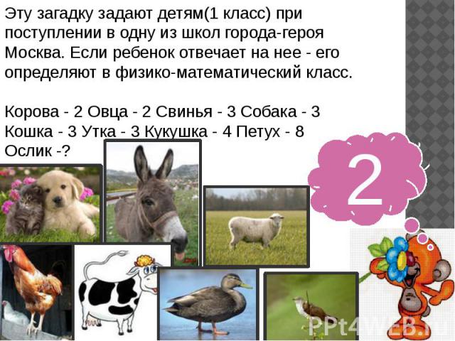 Эту загадку задают детям(1 класс) при поступлении в одну из школ города-героя Москва. Если ребенок отвечает на нее - его определяют в физико-математический класс. Корова - 2 Овца - 2 Свинья - 3 Собака - 3 Кошка - 3 Утка - 3 Кукушка - 4 Петух - 8 Ослик -?