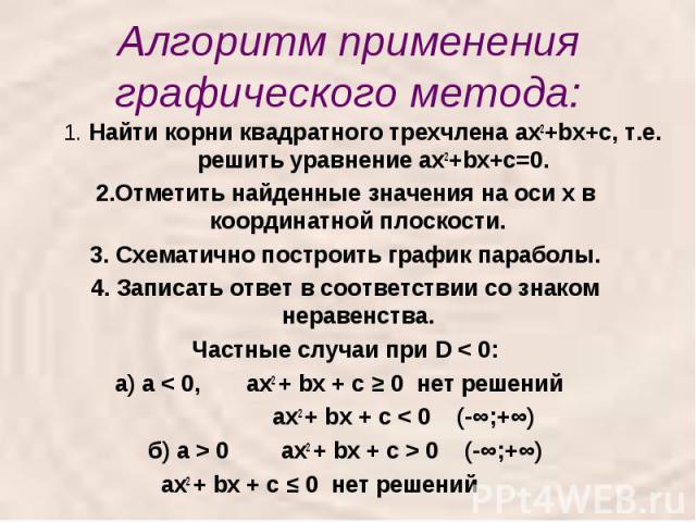 Алгоритм применения графического метода: 1. Найти корни квадратного трехчлена ах2+bх+с, т.е. решить уравнение ах2+bх+с=0.2.Отметить найденные значения на оси х в координатной плоскости.3. Схематично построить график параболы.4. Записать ответ в соот…