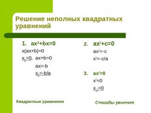 Решение неполных квадратных уравнений 1.ax2+bx=0 x(ax+b)=0 x1=0, ax+b=0 ax=-b x2