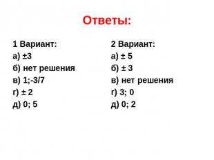 Ответы: 1 Вариант:а) ±3 б) нет решенияв) 1;-3/7г) ± 2д) 0; 52 Вариант:а) ± 5б) ±