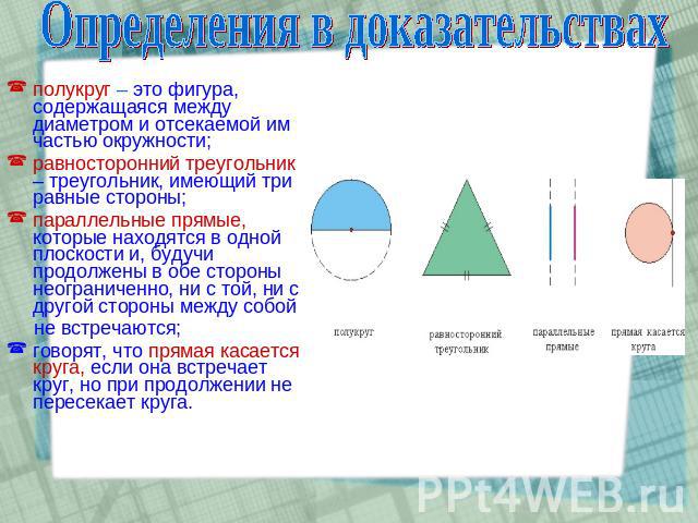 Определения в доказательствах полукруг – это фигура, содержащаяся между диаметром и отсекаемой им частью окружности; равносторонний треугольник – треугольник, имеющий три равные стороны; параллельные прямые, которые находятся в одной плоскости и, бу…