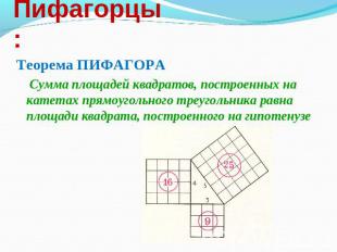 Пифагорцы: Теорема ПИФАГОРА Сумма площадей квадратов, построенных на катетах пря