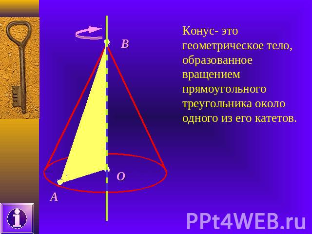 Конус- это геометрическое тело, образованное вращением прямоугольного треугольника около одного из его катетов.