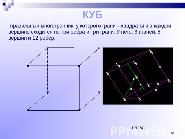 КУБ -правильный многогранник, у которого грани – квадраты и в каждой вершине сходится по три ребра и три грани. У него: 6 граней, 8 вершин и 12 ребер.