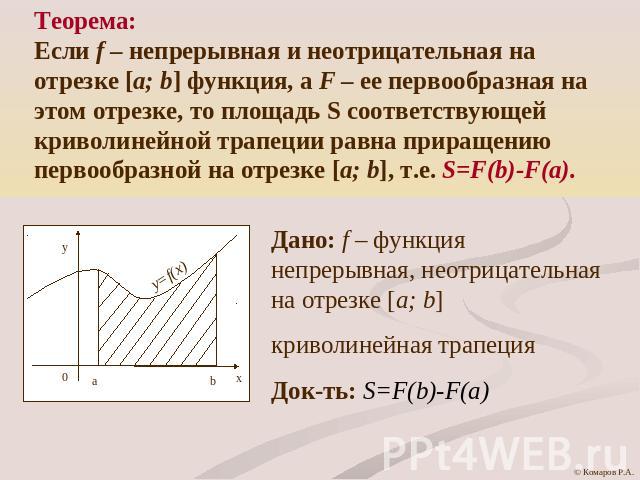 Теорема:Если f – непрерывная и неотрицательная на отрезке [a; b] функция, а F – ее первообразная на этом отрезке, то площадь S соответствующей криволинейной трапеции равна приращению первообразной на отрезке [a; b], т.е. S=F(b)-F(a). Дано: f – функц…