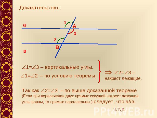 Доказательство: 1=3 – вертикальные углы.1=2 – по условию теоремы.Так как 2=3 – по выше доказанной теореме (Если при пересечении двух прямых секущей накрест лежащие углы равны, то прямые параллельны.) следует, что а//в.