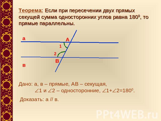 Теорема: Если при пересечении двух прямых секущей сумма односторонних углов равна 1800, то прямые параллельны.Дано: а, в – прямые, АВ – секущая, 1 и 2 – односторонние, 1+2=1800.
