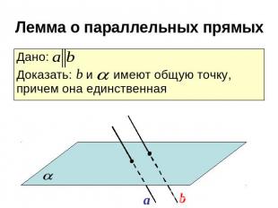 Лемма о параллельных прямых Дано: Доказать: b и имеют общую точку, причем она ед