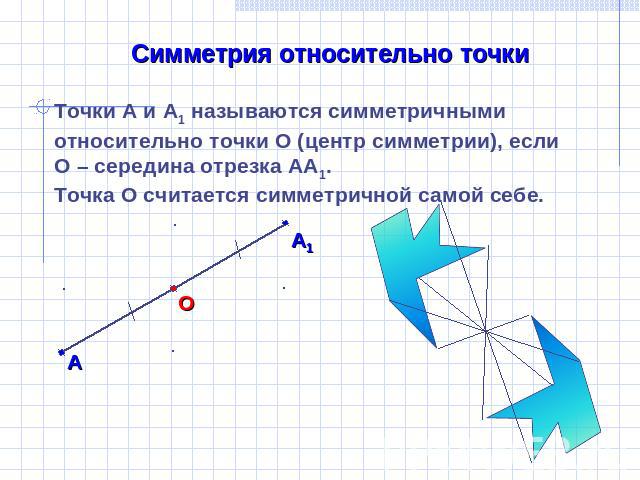 Симметрия относительно точки Точки А и А1 называются симметричными относительно точки О (центр симметрии), если О – середина отрезка АА1.Точка О считается симметричной самой себе.